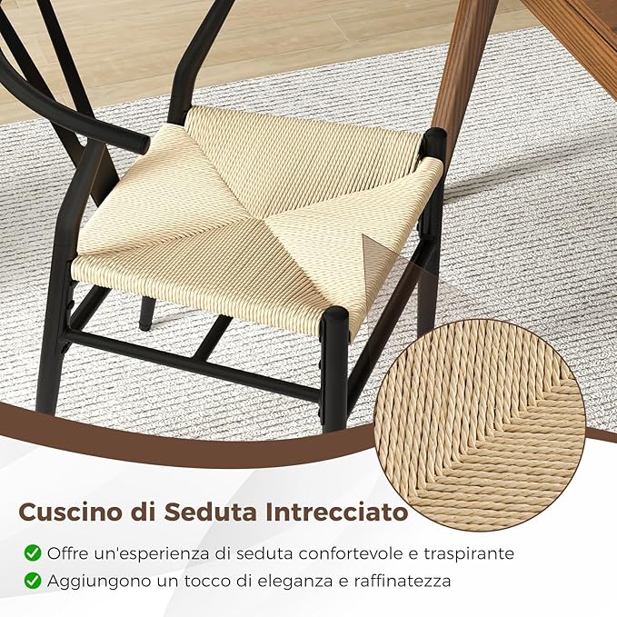 Set di 2 Sedie Sala da Pranzo, Sedie Moderna in Metallo con Seduta Intrecciato, Schienale a Forma di Y e Braccioli, Poltrone per Ufficio, Cucina e Ristorante, 46 x 59 x 73 cm (Nero e Naturale)