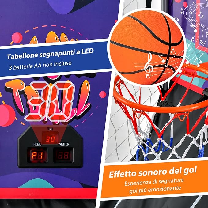 Macchina da Pallacanestro Elettronica, Canestro Basket da Camera a Doppio Tiro Pieghevole con Punteggio Elettronico, 4 Palle, 8 Modalità di Gioco e 2 Canestri (Viola)