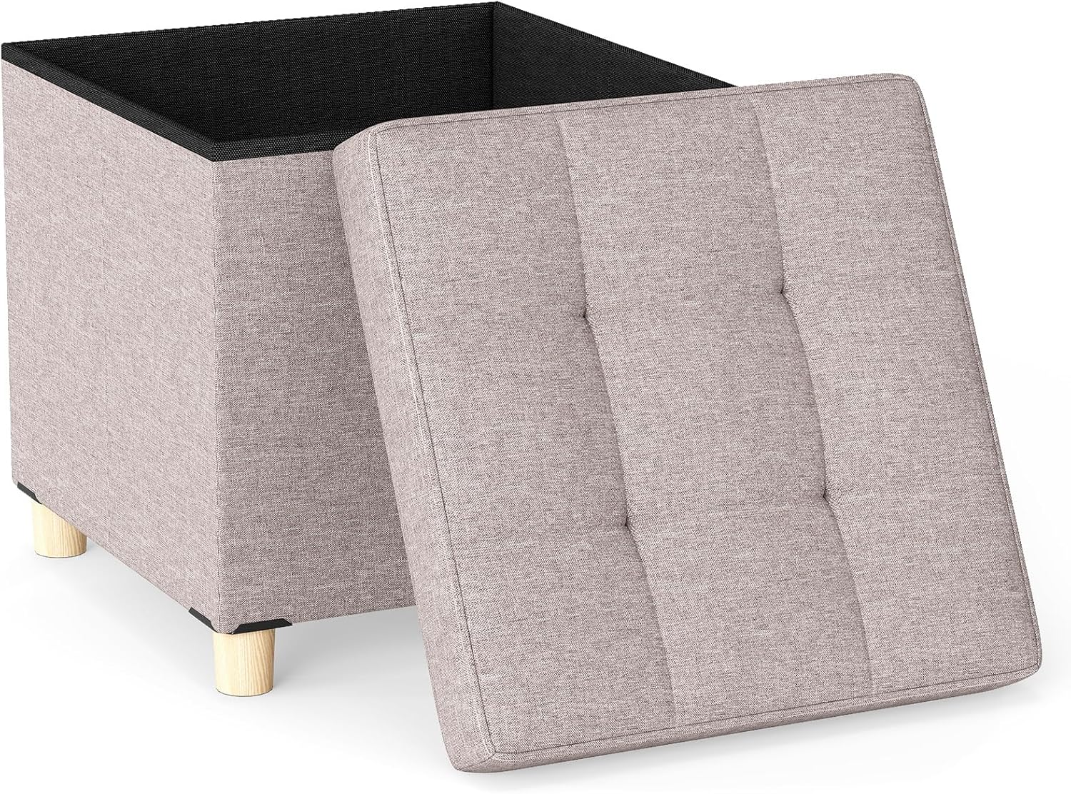 Pouf Contenitore da 45 cm, Sgabello con Vassoio e Gambe in Legno di Gomma, Poggiapiedi Imbottito, Sgabello per Scarpe Quadrato per Soggiorno, Portata 150 kg (Beige)