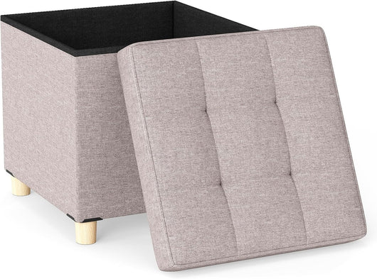Pouf Contenitore da 45 cm, Sgabello con Vassoio e Gambe in Legno di Gomma, Poggiapiedi Imbottito, Sgabello per Scarpe Quadrato per Soggiorno, Portata 150 kg (Beige)