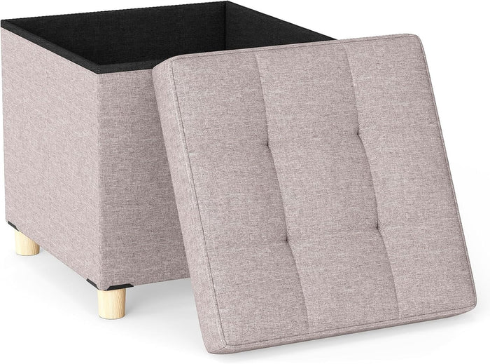 Pouf Contenitore da 45 cm, Sgabello con Vassoio e Gambe in Legno di Gomma, Poggiapiedi Imbottito, Sgabello per Scarpe Quadrato per Soggiorno, Portata 150 kg (Beige)