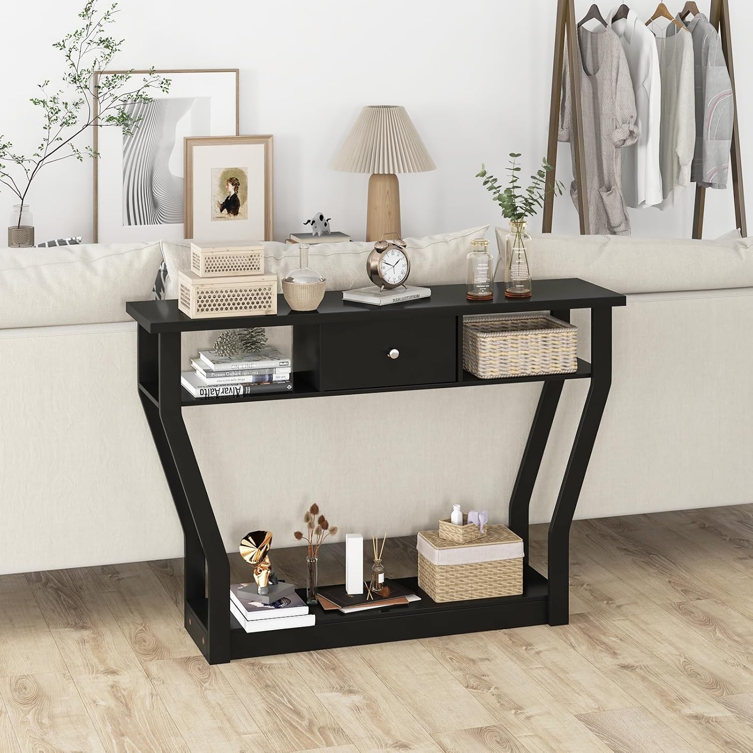 Tavolo Consolle in Legno, Consolle con Cassetto e Ripiani, Tavolo d'Ingresso Multiuso per Salotto, Corridoio e Entrata 120 x 30 x 81 cm (Nero)