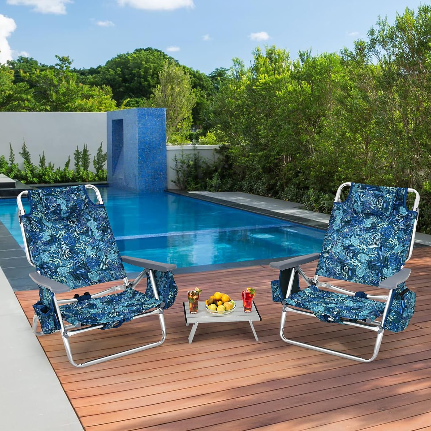 Set di Sedie da Spiaggia e Tavolino, Sedie da Esterno Reclinabili con Tavolino da Campeggio, Set di Tavolino in Alluminio e 2 Sedie Pieghevoli da Spiaggia a 5 Posizioni (Blu Navy)