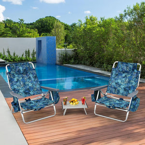 Set di Sedie da Spiaggia e Tavolino, Sedie da Esterno Reclinabili con Tavolino da Campeggio, Set di Tavolino in Alluminio e 2 Sedie Pieghevoli da Spiaggia a 5 Posizioni (Blu Navy)