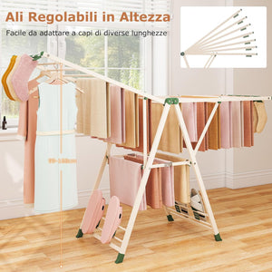 Stendibiancheria con 20 Barre, Stendino Pieghevole in Metallo Regolabili in Altezza, Clips per Calzini, Supporto per Abbigliamento Autoposante a Ali per Interno Esterno (Beige)