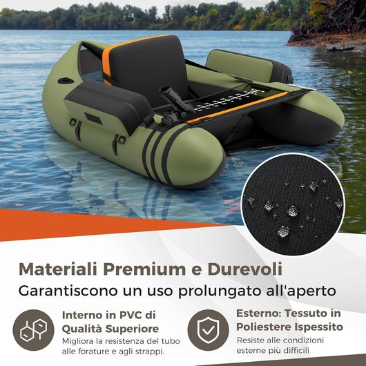 Belly Boat da Pesca Portatile, Gommone Gonfiabile da Pesca con Porta Canne Regolabile, Pompa, Pagaia in Alluminio, Spallacci e Kit di Riparazione, Barca da Mare con 2 Pinne, capacità 160kg