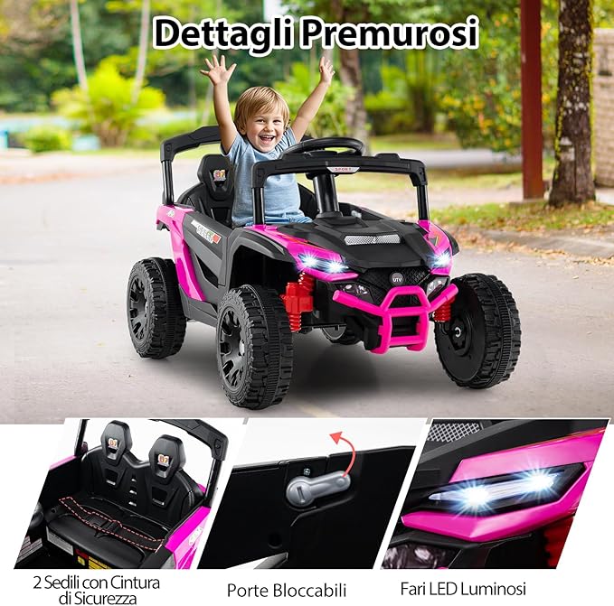 12V Macchina Elettrcia per Bambini, UTV Auto Elettrica con Telecomando, 3 Velocità, Luci LED, Musica, Clacson e Sospensioni a Molla, 3-5 km/h, Ideale per Bambini 3 Anni+ (Rosa)