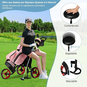 Carrello da Golf Pieghevole con 3 Ruote, Trolley da Golf Altezza Regolabile di Alluminio con Sedile, Porta Ombrello e Porta Bevande(Rosso)