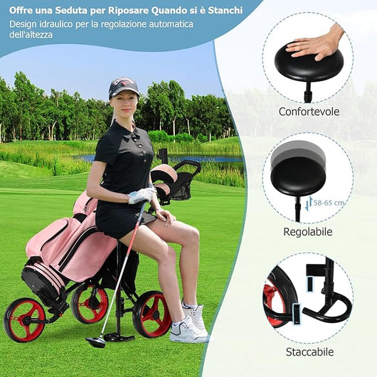 Carrello da Golf Pieghevole con 3 Ruote, Trolley da Golf Altezza Regolabile di Alluminio con Sedile, Porta Ombrello e Porta Bevande(Rosso)