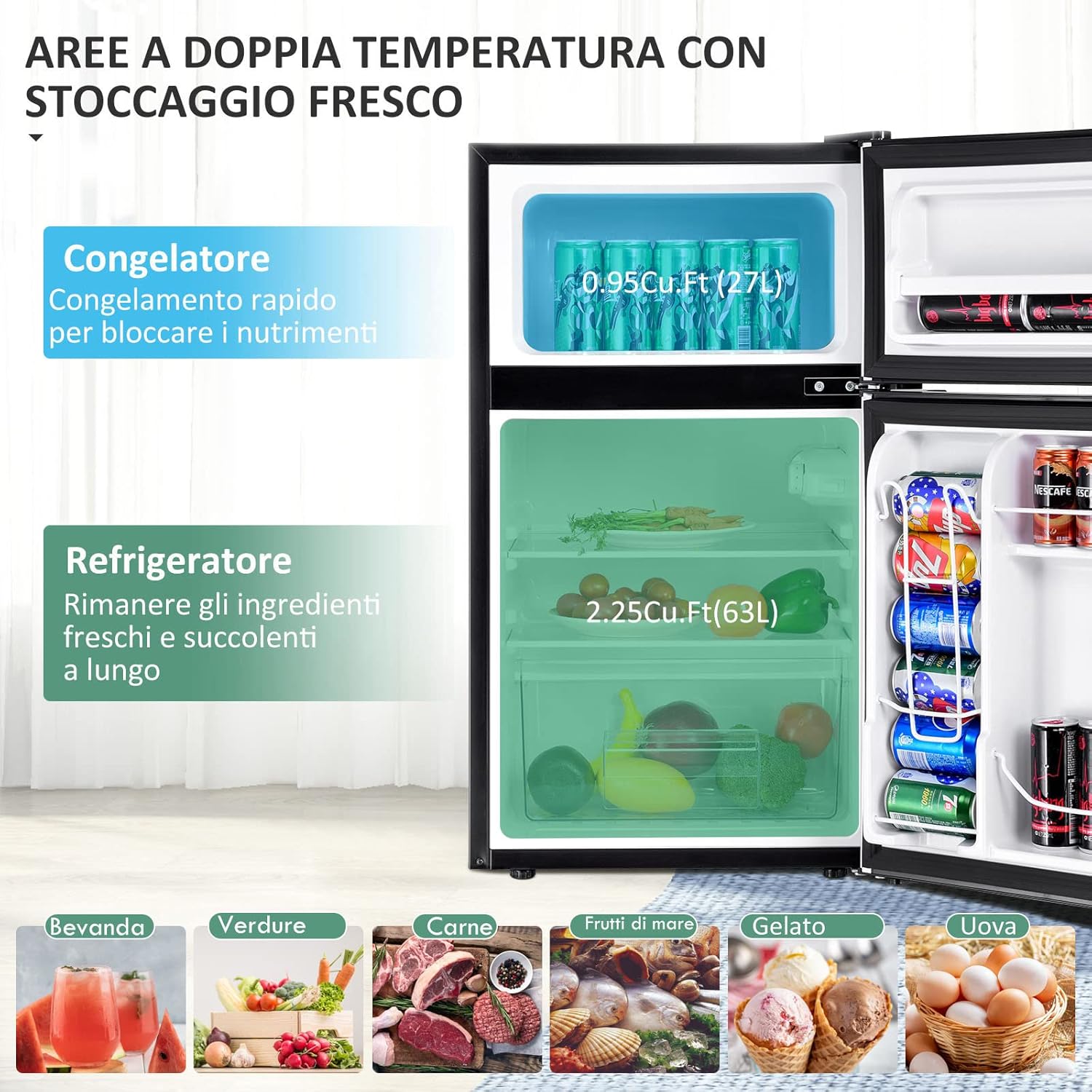 Frigorifero 90 L (27+63), Freezer Separato con 2 Ante e Luce LED, Refrigerazione Rapida, Silenzioso, Mini Frigo per Ufficio Casa Bar Hotel, 220-240 V/50 Hz (Grigio) [Classe di efficienza energetica E]