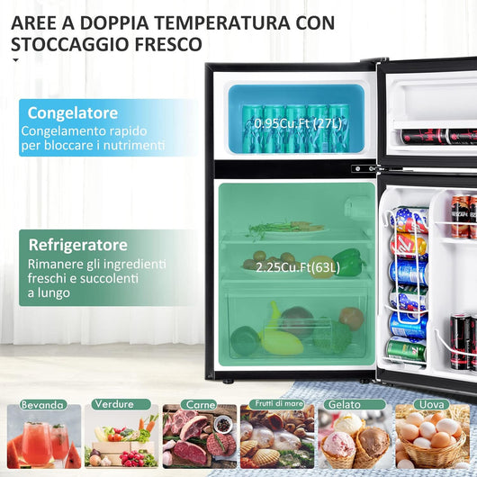 Frigorifero 90 L (27+63), Freezer Separato con 2 Ante e Luce LED, Refrigerazione Rapida, Silenzioso, Mini Frigo per Ufficio Casa Bar Hotel, 220-240 V/50 Hz (Grigio) [Classe di efficienza energetica E]