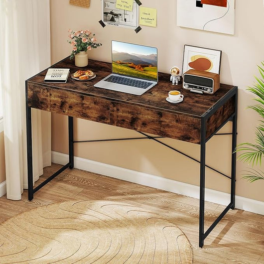 Scrivania con 2 Cassetti, Scrivania per Computer con Robusto Telaio in Metallo e Kit di Anti-ribaltamento, Postazione di Lavoro Multiuso per Camera da Letto, Ufficio e Casa