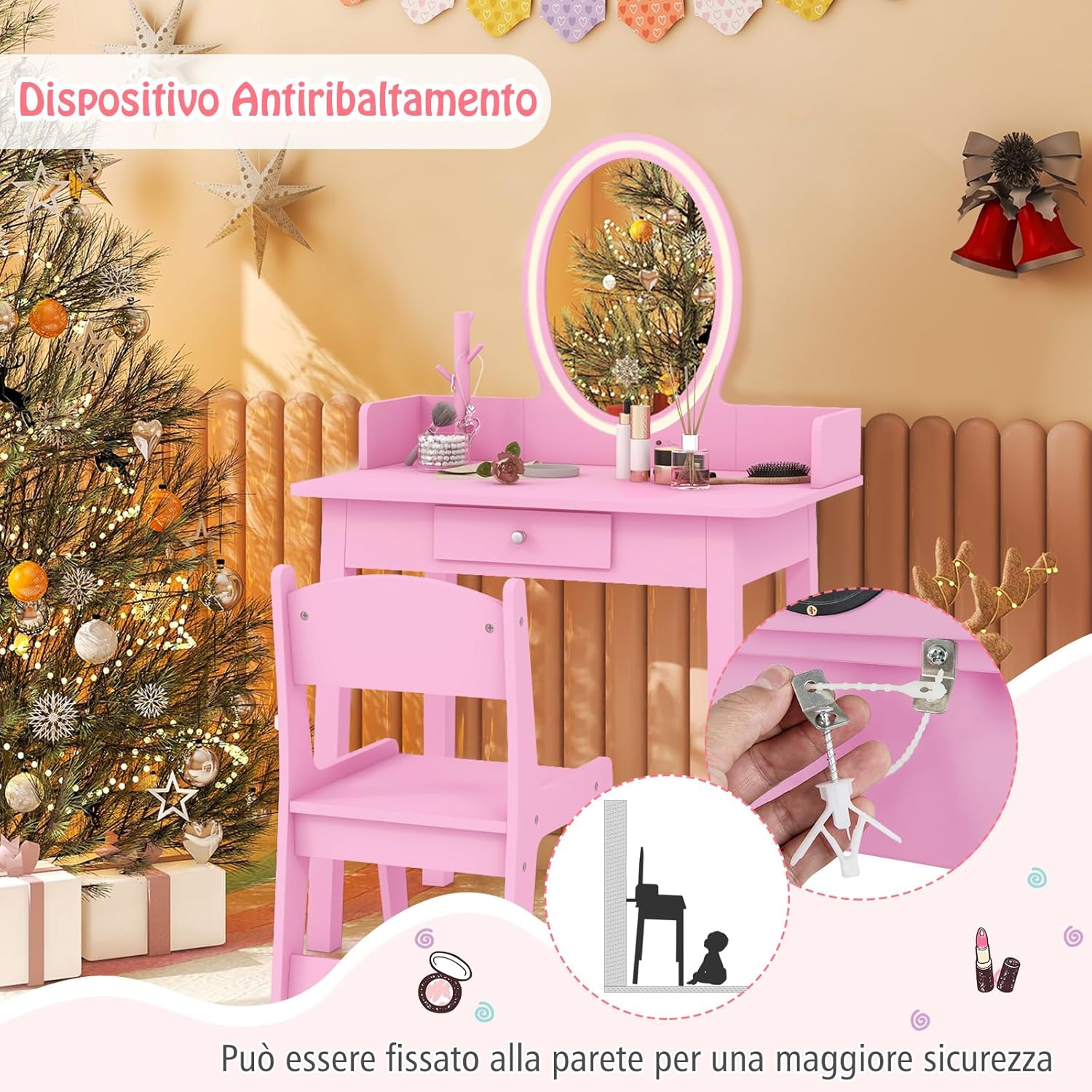 Toeletta Trucco 2 in 1 per Bambina, Specchiera Staccabile per Ragazza in Legno con Sedia, Cassetto e Luci LED Regolabile, Postazione Trucco per 3 Anni, 60 x 35 x 96 cm