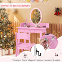 Toeletta Trucco 2 in 1 per Bambina, Specchiera Staccabile per Ragazza in Legno con Sedia, Cassetto e Luci LED Regolabile, Postazione Trucco per 3 Anni, 60 x 35 x 96 cm