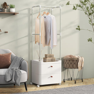 Appendiabiti con 2 Cassetti e Ruote Bloccabili, stand appendiabiti con 4 Ganci Rimovibili e Ripiani di Stoccaggio, Per Ingresso Camera da Letto Spogliatoio, 52x40x161 cm