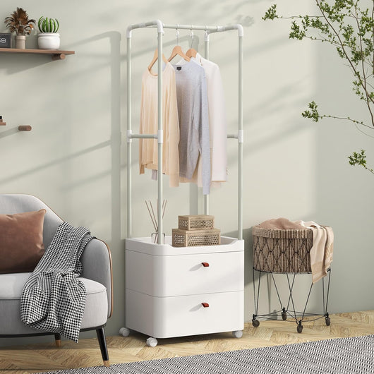 Appendiabiti con 2 Cassetti e Ruote Bloccabili, stand appendiabiti con 4 Ganci Rimovibili e Ripiani di Stoccaggio, Per Ingresso Camera da Letto Spogliatoio, 52x40x161 cm
