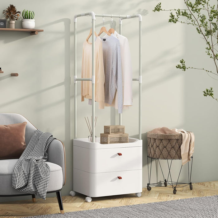 Appendiabiti con 2 Cassetti e Ruote Bloccabili, stand appendiabiti con 4 Ganci Rimovibili e Ripiani di Stoccaggio, Per Ingresso Camera da Letto Spogliatoio, 52x40x161 cm