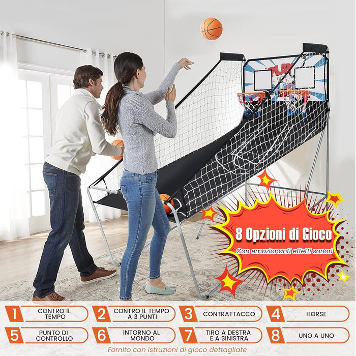 Macchina da Pallacanestro Elettronica, Canestro Basket da Camera a Doppio Tiro Pieghevole con Punteggio Elettronico, 4 Palle, 8 Modalità di Gioco e 2 Canestri (Bianco)