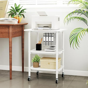 Supporto per Stampante, Carrello Stampante a 3 Livelli con Ripiani di Stoccaggio e Ruote con Blocco, Altezza Regolabile, per Stampante 3D Scanner Fax, 49 x 40 x 65/77 cm (Bianco)
