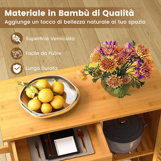 Carrello da Cucina in Bambù, Mobile Cucina con Ruote Cassetto, 3 Ripiani Aperti, Armadietto, Portasalviette, Carrello da Portata per Sala da Pranzo, 91 x 44 x 89 cm