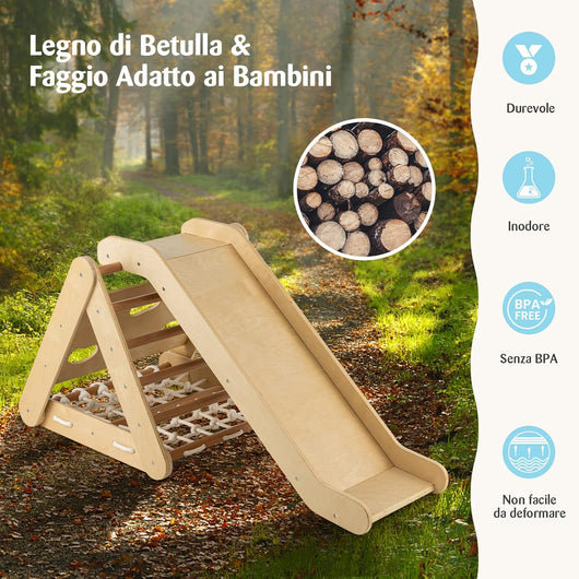 Set 4 in1 Arrampicata per Bambini, Arrampicata a Triangolo con Scivolo, Set di Arrampicata in Legno per Interni e Esterni con Rete di Arrampicata, Carico 60kg, 1 Anni+ (Naturale)