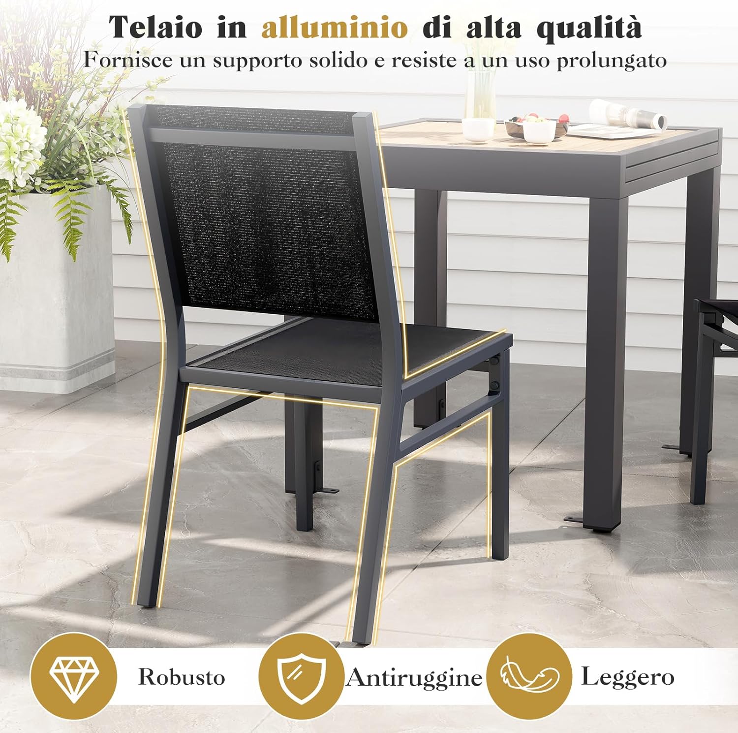Sedia da Pranzo per Giardino, Sedia Pranzo in Tessuto Textilene, Sedia da Patio senza Braccioli con Schienale, Telaio in Alluminio Resistente, Portata 150 kg (1)
