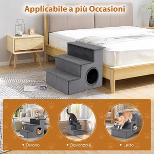 Scala per Cani con Cuccia, Rampe Pieghevole a 3 Gradini con Fondo Antiscivolo per Letti e Divani, Casa per Animali Domestici, Grigio, 42 x 21 x 44 cm