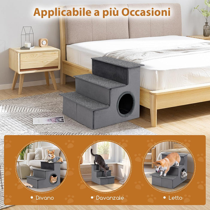 Scala per Cani con Cuccia, Rampe Pieghevole a 3 Gradini con Fondo Antiscivolo per Letti e Divani, Casa per Animali Domestici, Grigio, 42 x 21 x 44 cm