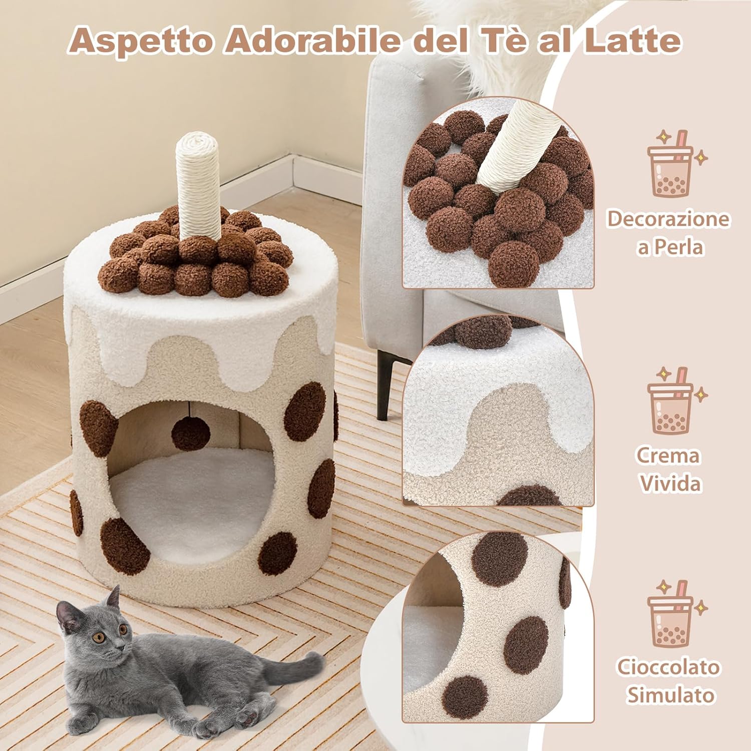 Cuccia per Gatti a Forma di Bubble Tea, Casetta per Gatti con Tiragraffi in Sisal e Palline Appese, Albero per Gattini da Interno, 37 cm x 37 cm x 67 cm (Caffè e Beige)