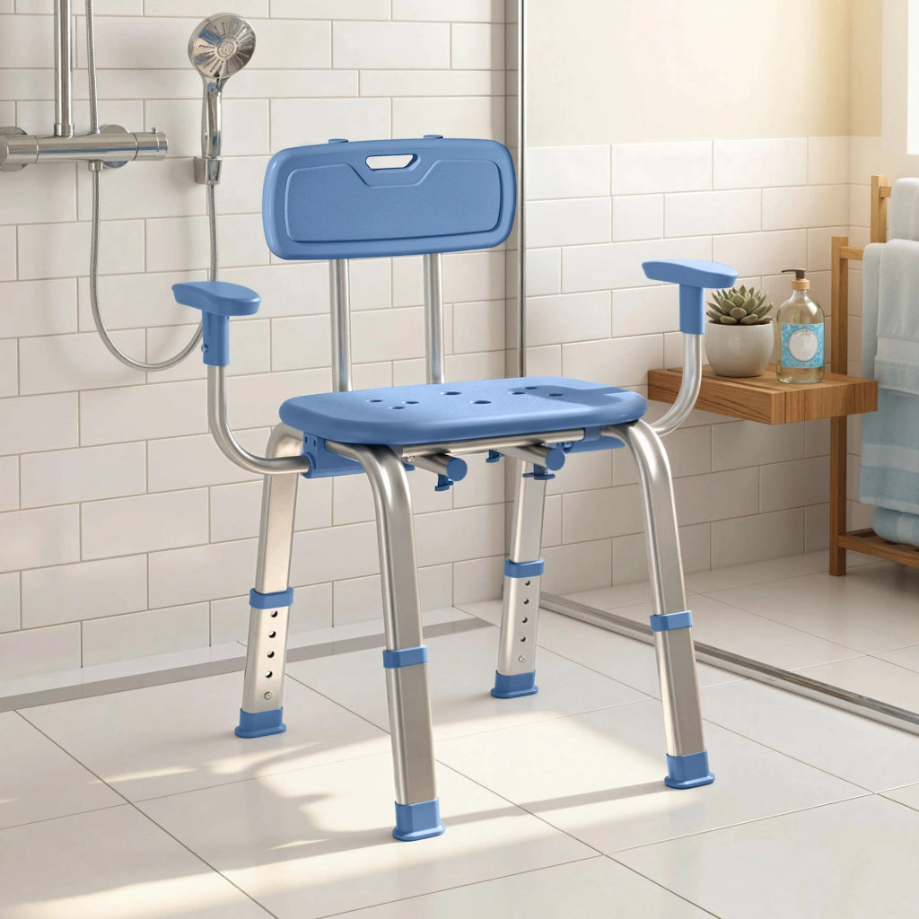 Sgabello Doccia Ergonomico con Braccioli e Schienale Regolabile ¨C Zephmum ¨C Blu