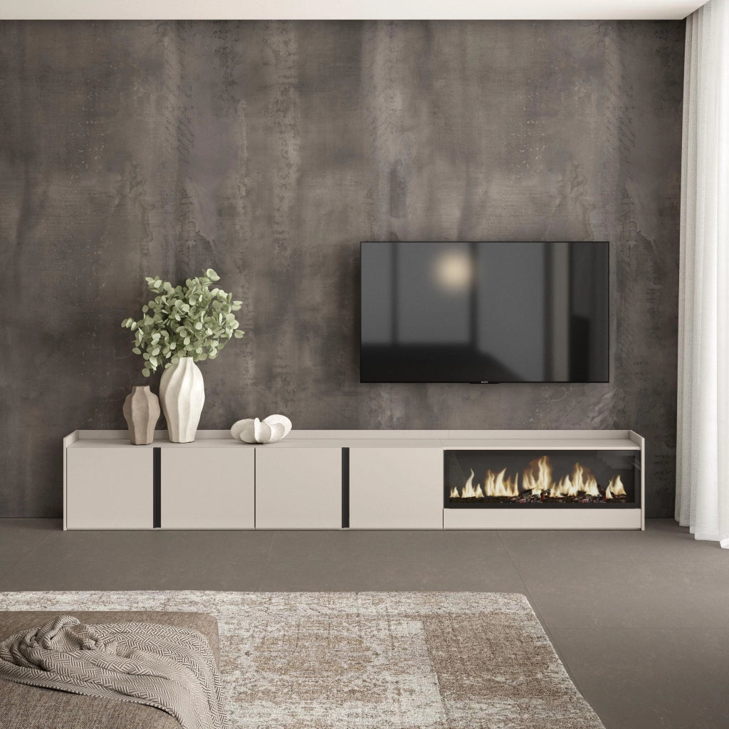 Mobile TV Soggiorno, 315x50x35 cm, Per TV fino a 80", Camino elettrico XXL, Beige