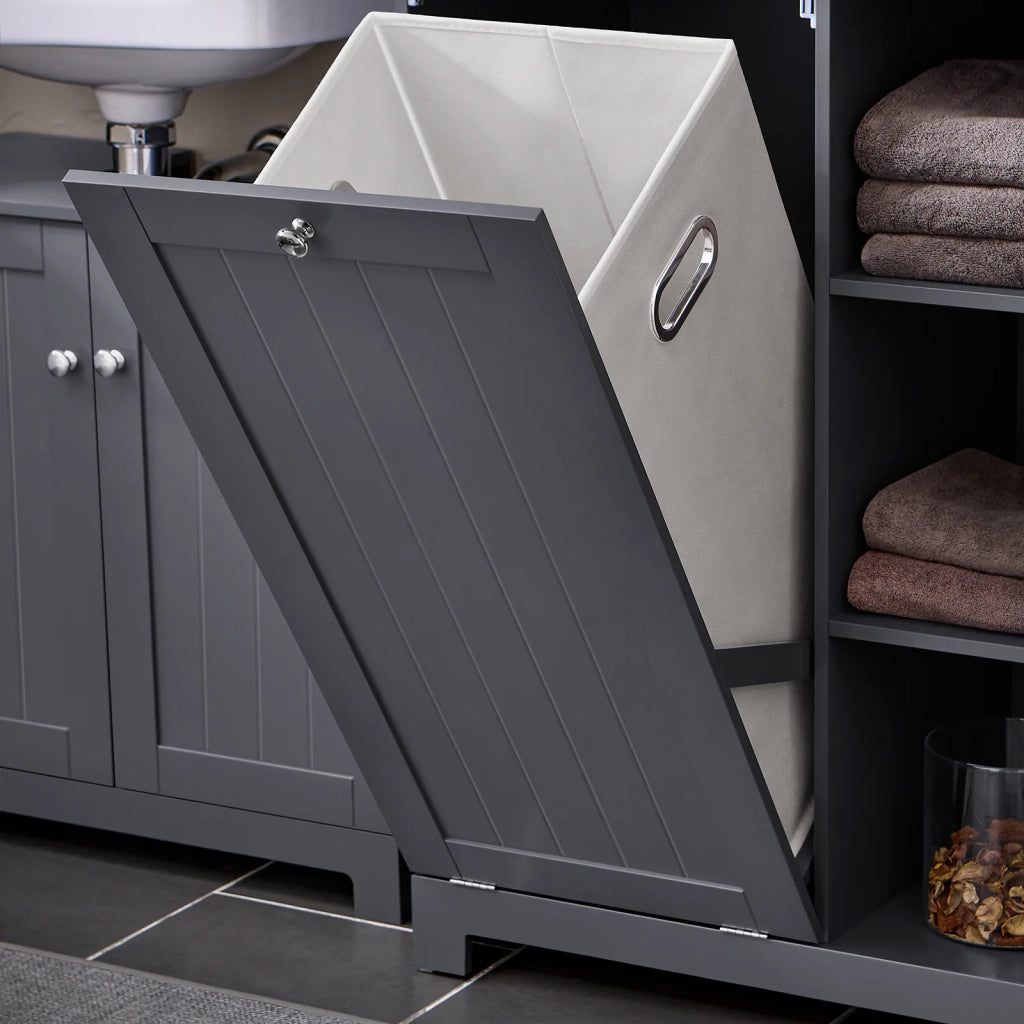 Mobile alto con portabiancheria apribile Armadietto da Pavimento Mobile bagno Grigio 60x37x170cm BZR104-DG
