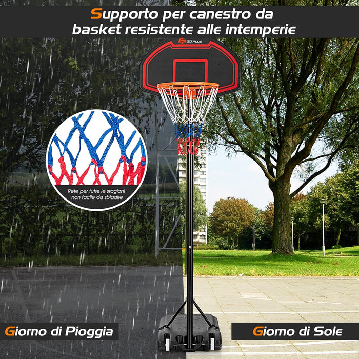 Canestro da Basket Bambini da Esterno, Canestro da Basket Regolabile in 5 Altezze e Portatile con Rete Durevole e Tabellone Infrangibile, 44,5 x 73,5 x 155-210 cm