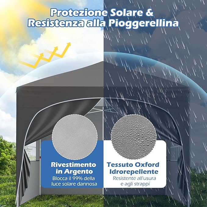 Gazebo Piehevole da Esterno 3 x 3 m, Gazebo Regolabile in Altezza con Pareti Rimovibili, Borsa con Ruote, Picchetti, Ancoraggi, Corde Vento e Sacchi di Sabbia, Tendone per Giardino (Grigio)