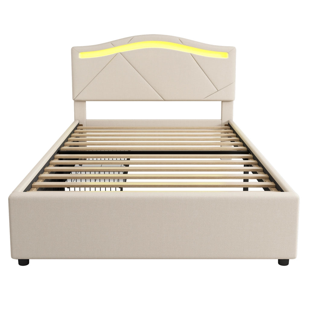 Letto 90x200 cm con LED; 2 cassetti e testiera regolabile in lino