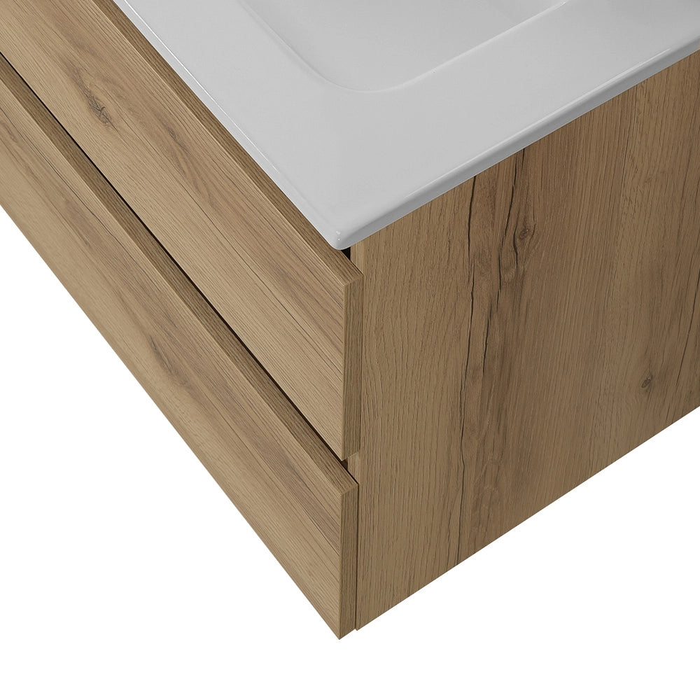Mobile bagno sospeso 80 cm in legno quercia naturale 2 cassettoni con lavabo e specchio Leda