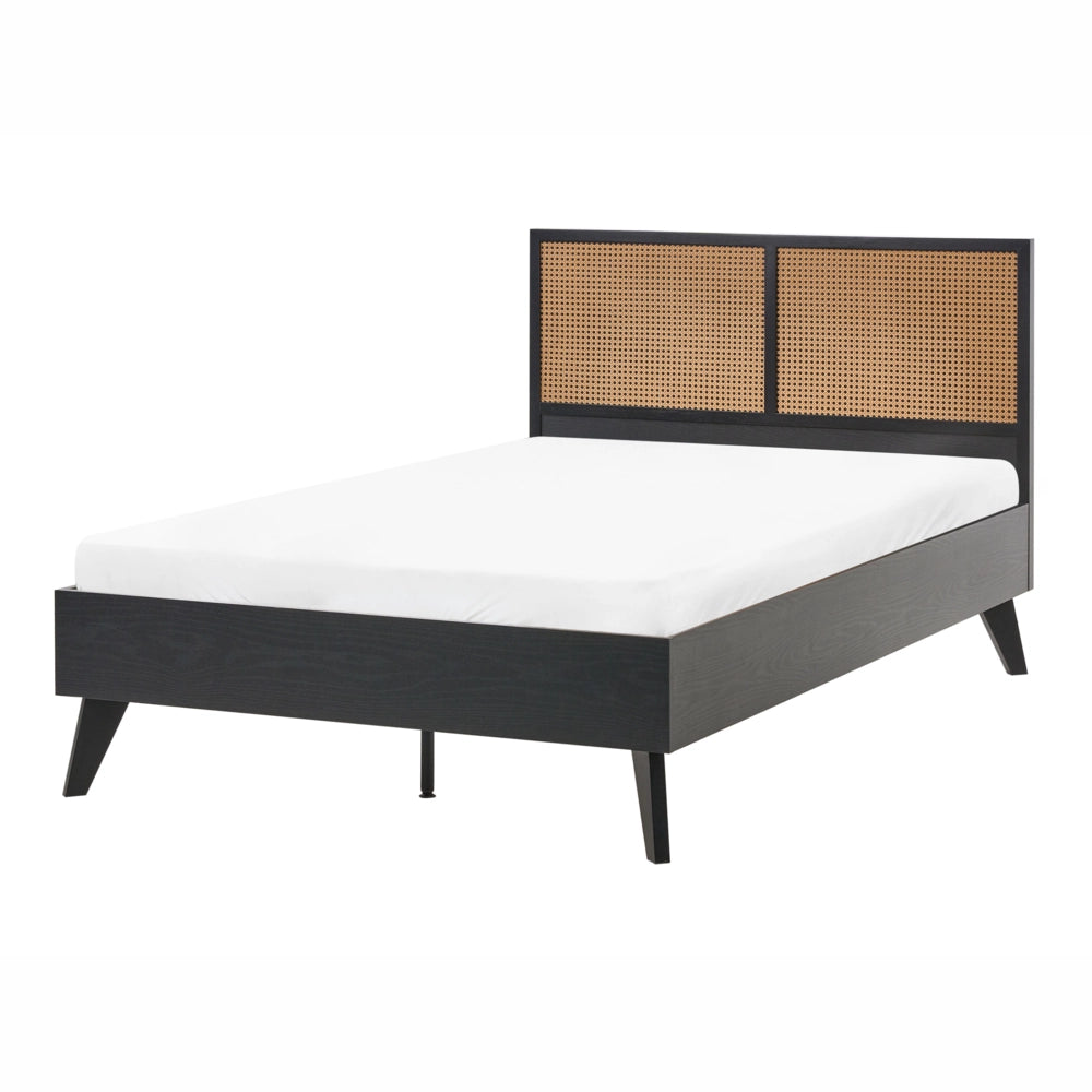 Letto matrimoniale in legno di gomma con testiera in vimini nero 120 x 200 cm stile boho minimalista
