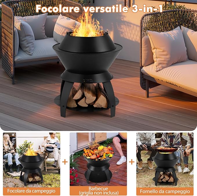 Braciere da Giardino, Braciere da Esterno con Gambe di Supporto Rimovibili e Manici, Diametro: 50 cm, per Patio, Campeggio, Barbecue, Braciere e Feste