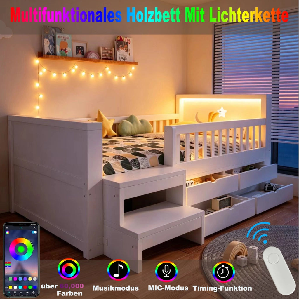 Letto singolo per bambini 90x200 cm con 4 cassetti; testiera stelle e luna; gradino; sponda e LED; legno bianco