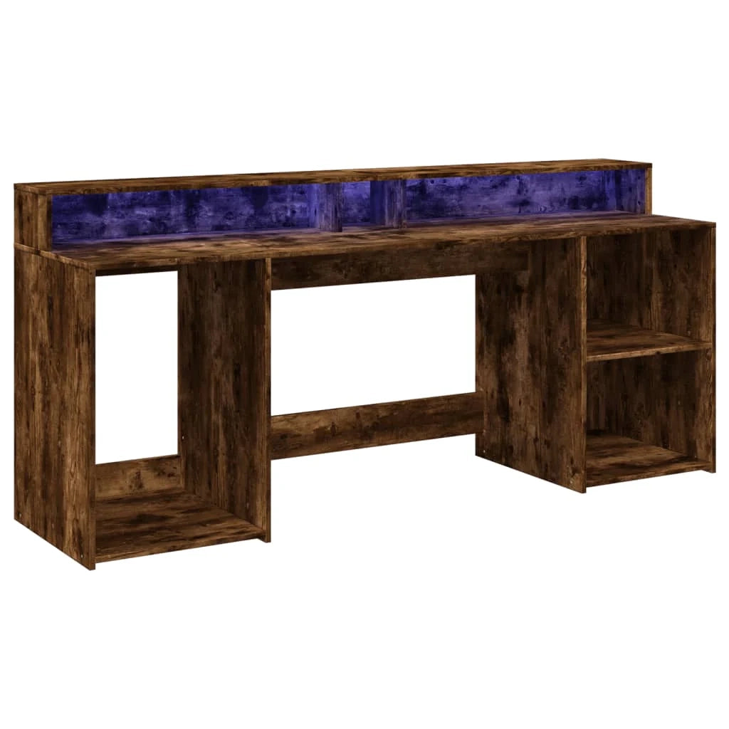 Scrivania da ufficio postazione di lavoro mobile per computer scrivania da studio con luci a LED rovere affumicato 200 x 55 x 91 cm legno ingegnerizzato marrone 02_0023788