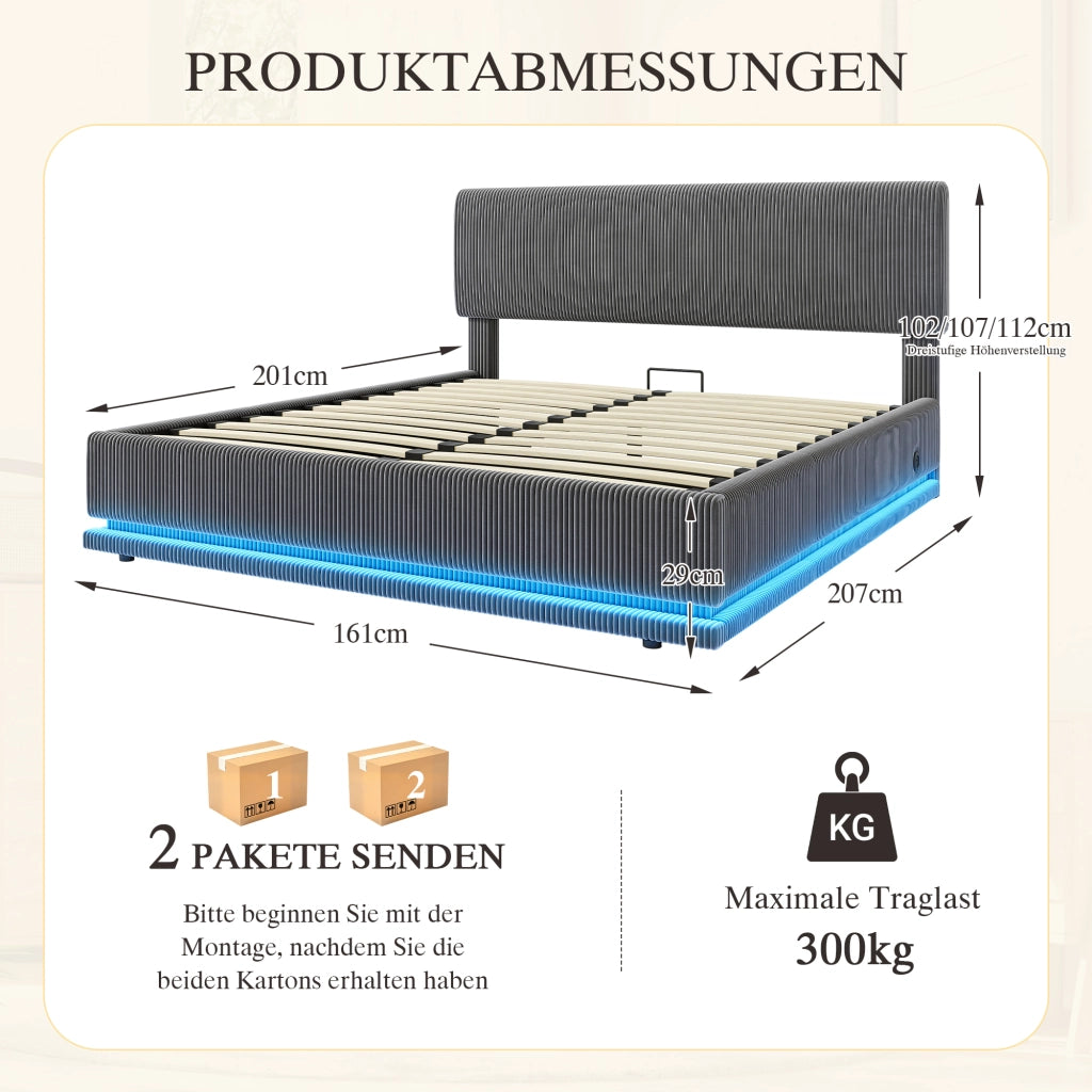 Letto imbottito con LED USB regolabile 160x200 cm velluto a coste grigio scuro