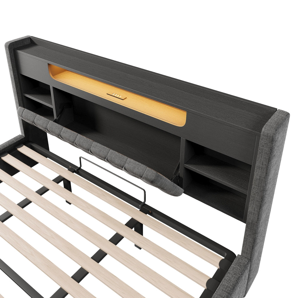 Letto matrimoniale 180x200 cm con contenitore idraulico; LED; USB e USB-C; in lino grigio