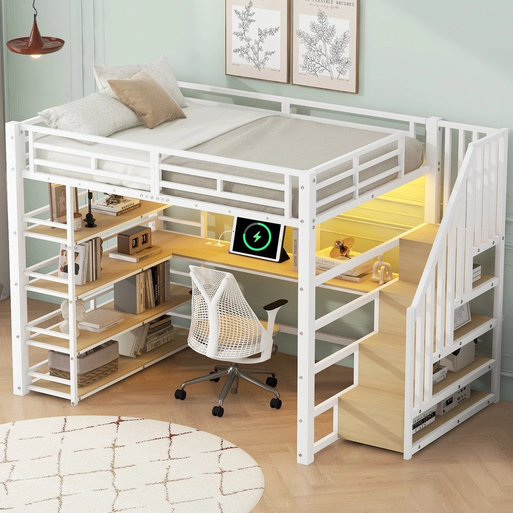 Letto a Soppalco con Scrivania, Cassetti, LED e USB ¨C MINIMAL ¨C Metallo Bianco 140x200