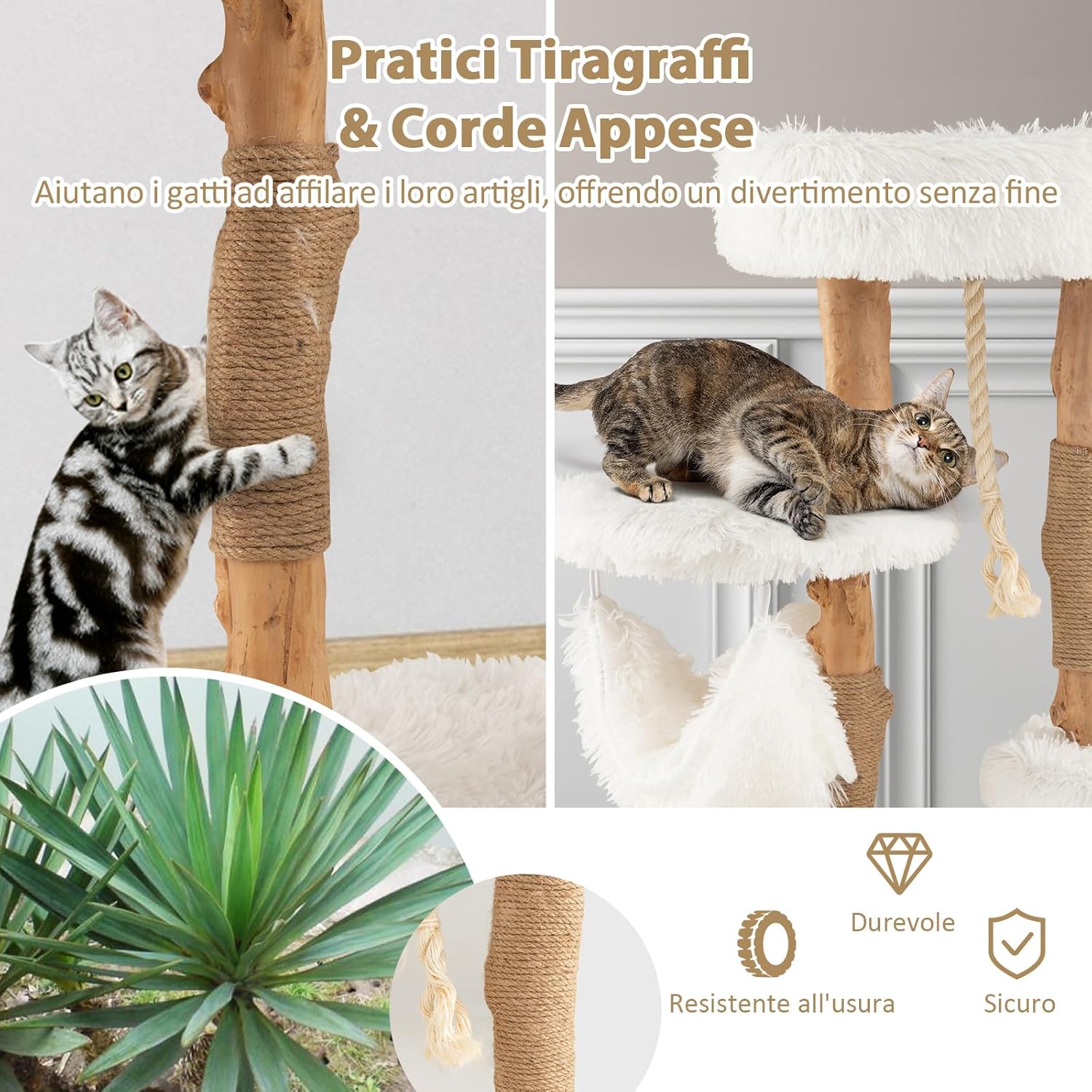 Albero per Gatti in Legno Alto 87 cm con Amaca, Albero Tiragraffi per Gatti a 5 Livelli, con Piattaforma Superiore, Mobile per Gatti da Interno, Bianco