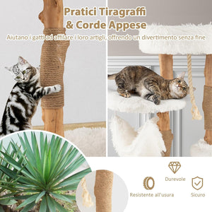 Albero per Gatti in Legno Alto 87 cm con Amaca, Albero Tiragraffi per Gatti a 5 Livelli, con Piattaforma Superiore, Mobile per Gatti da Interno, Bianco