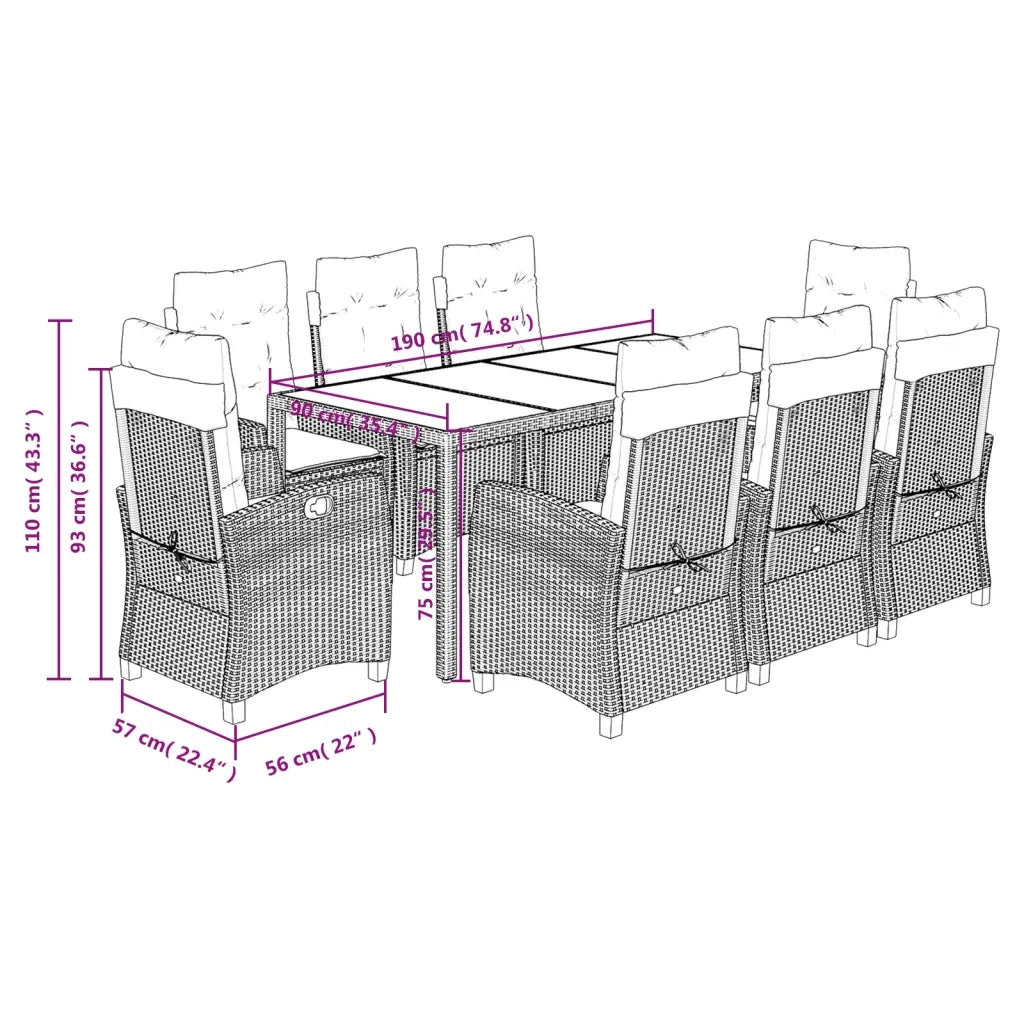 Set da Pranzo da Giardino 9 pz con Cuscini in Polyrattan Grigio 3212651
