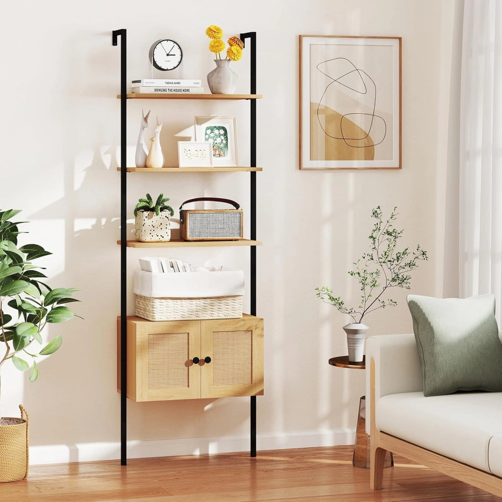 Libreria a Scala a 5 Ripiani con Armadio in Rattan, Scaffale da Parete con Struttura in Metallo, Organizzatore di Stoccaggio per Soggiorno Studio Ufficio, 60x31,5x184 cm
