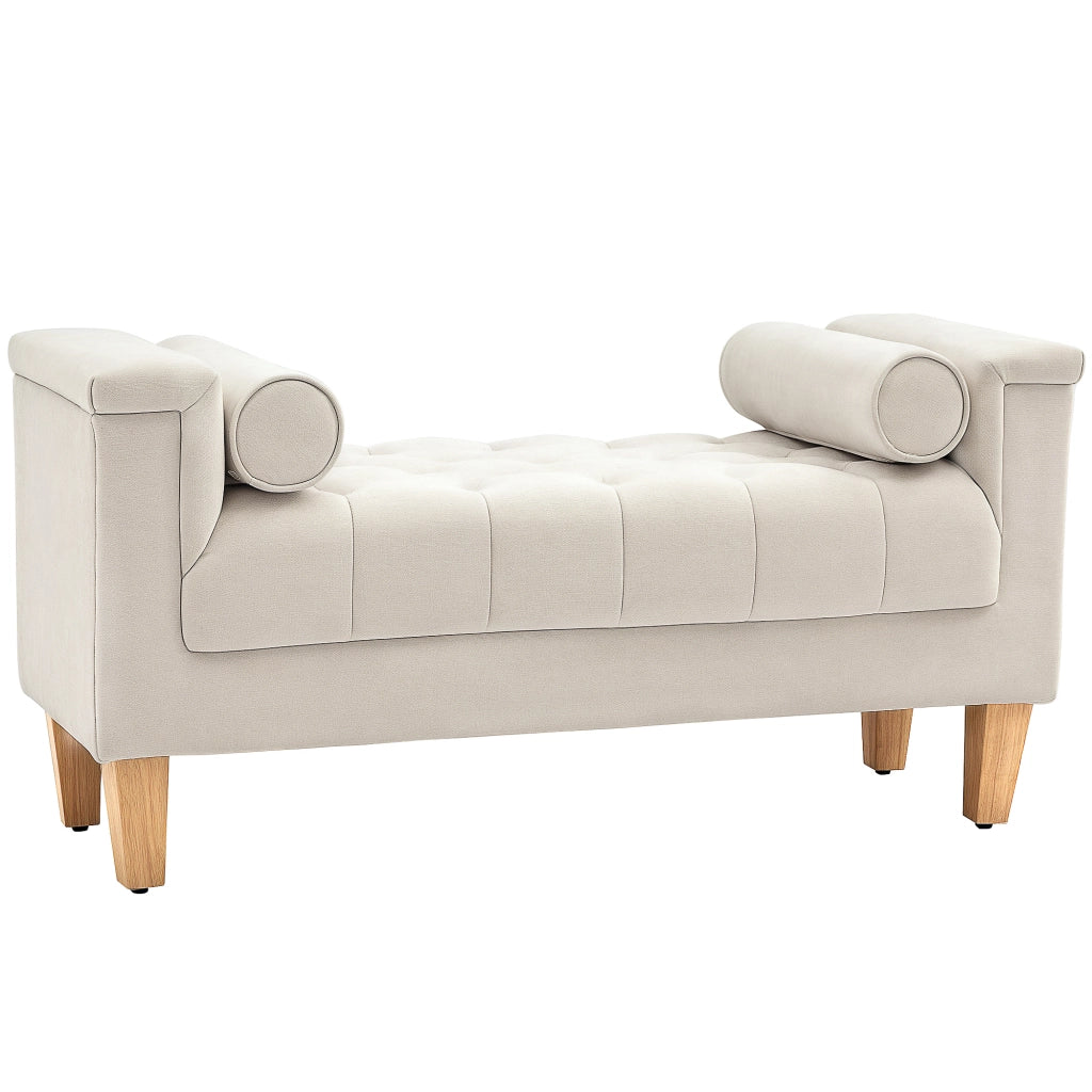 Panca imbottita in chenille con cuscini laterali, struttura in legno, 115 x 44 x 58 cm, beige