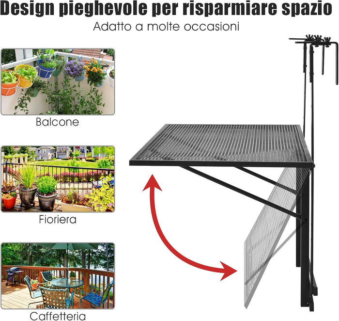 Tavolino Pieghevole da Balcone, Regolabile in Altezza, Tavolo da Appendere a Sospensione di Ferro, Nero, 60,5 x 40,5 x 61,5-82,5 cm