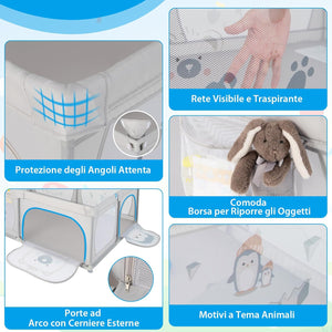 Recinto per Bambini, Box per Bambini con Rete Traspirante, Centro Attività per Bambini con 50 Palline, Box Giochi per Bambini 0-3 Anni (Pinguini, 206 x 147 cm)